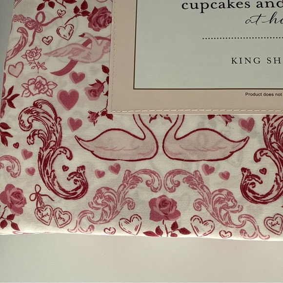 Cupcakes and Cashmere Toile Swan KING Sheet Set Pink White Floral Print Bedding